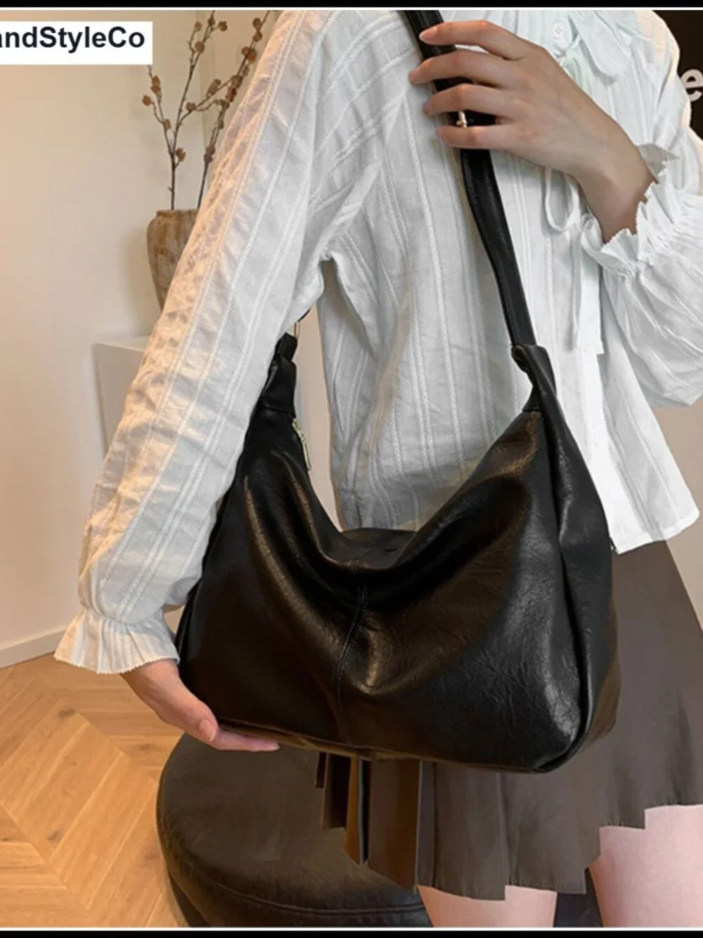 Vegan Leather Hobo Bag Slouchy Shoulder Purse Adjustable Strap Zipper